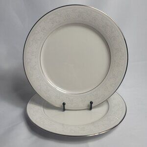 TWO Noritake Trudy Dinner Plates Ivory with Blue & White Scrolls 7087